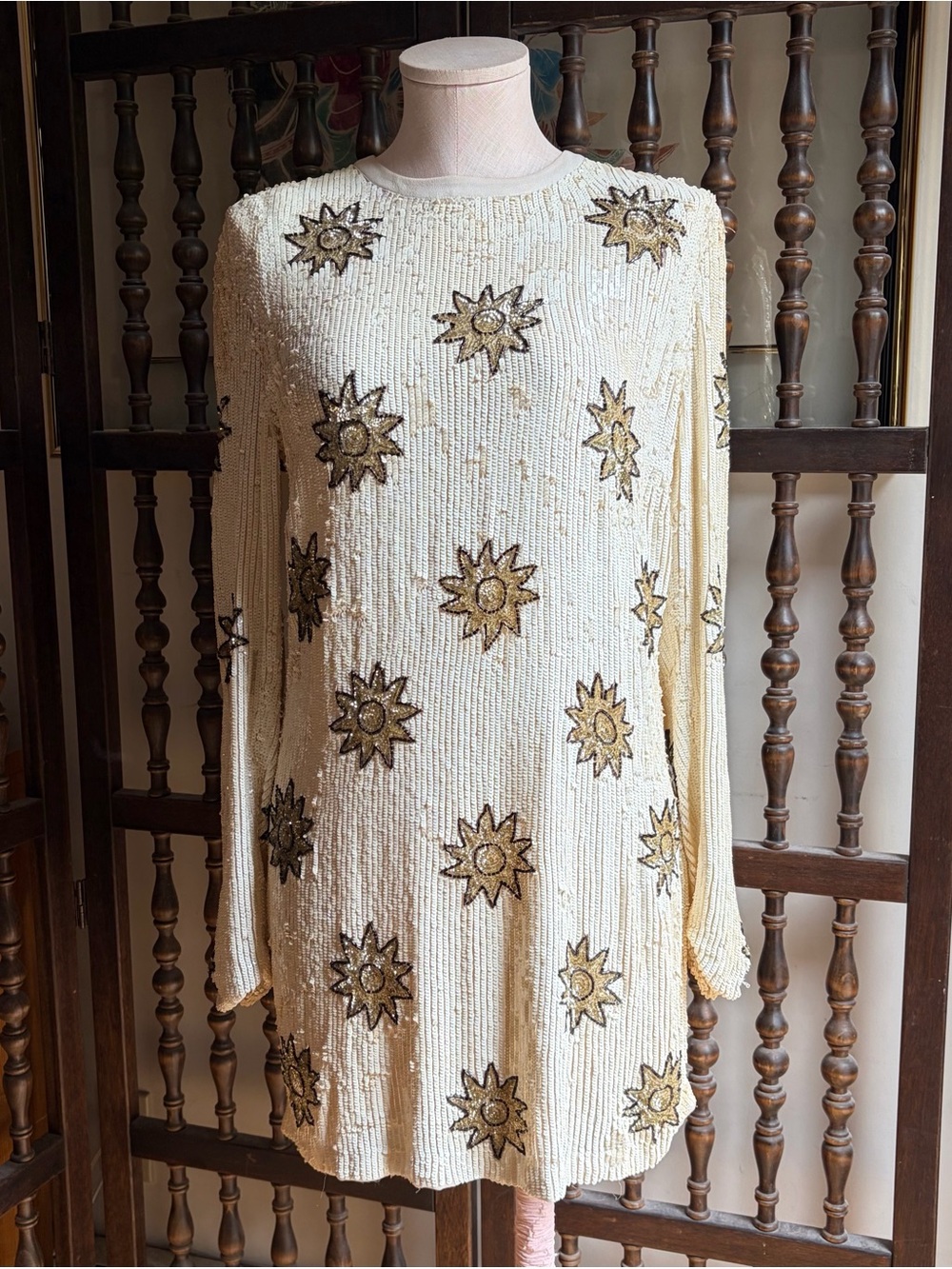 BEAU SOUCI Silk Sequin Sun Long Sleeve Bridal Engagement Mini Dress Small *FLAW*